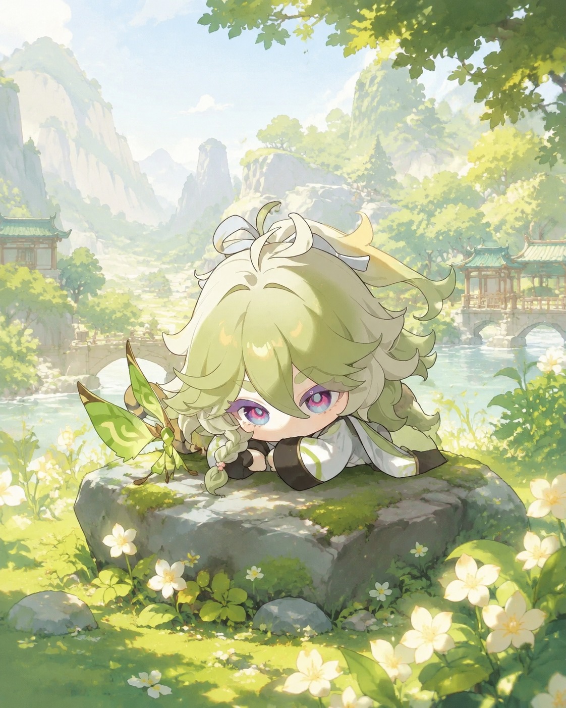 Resting upon a mossy stone In a sunlit glade of Qingce Village (chibi cute, pastel colors)