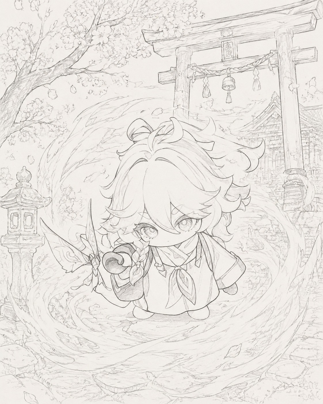 Shimmering amidst a magical swirling vortex At a quiet shrine under cherry blossoms (pencil sketch, minimal shading)