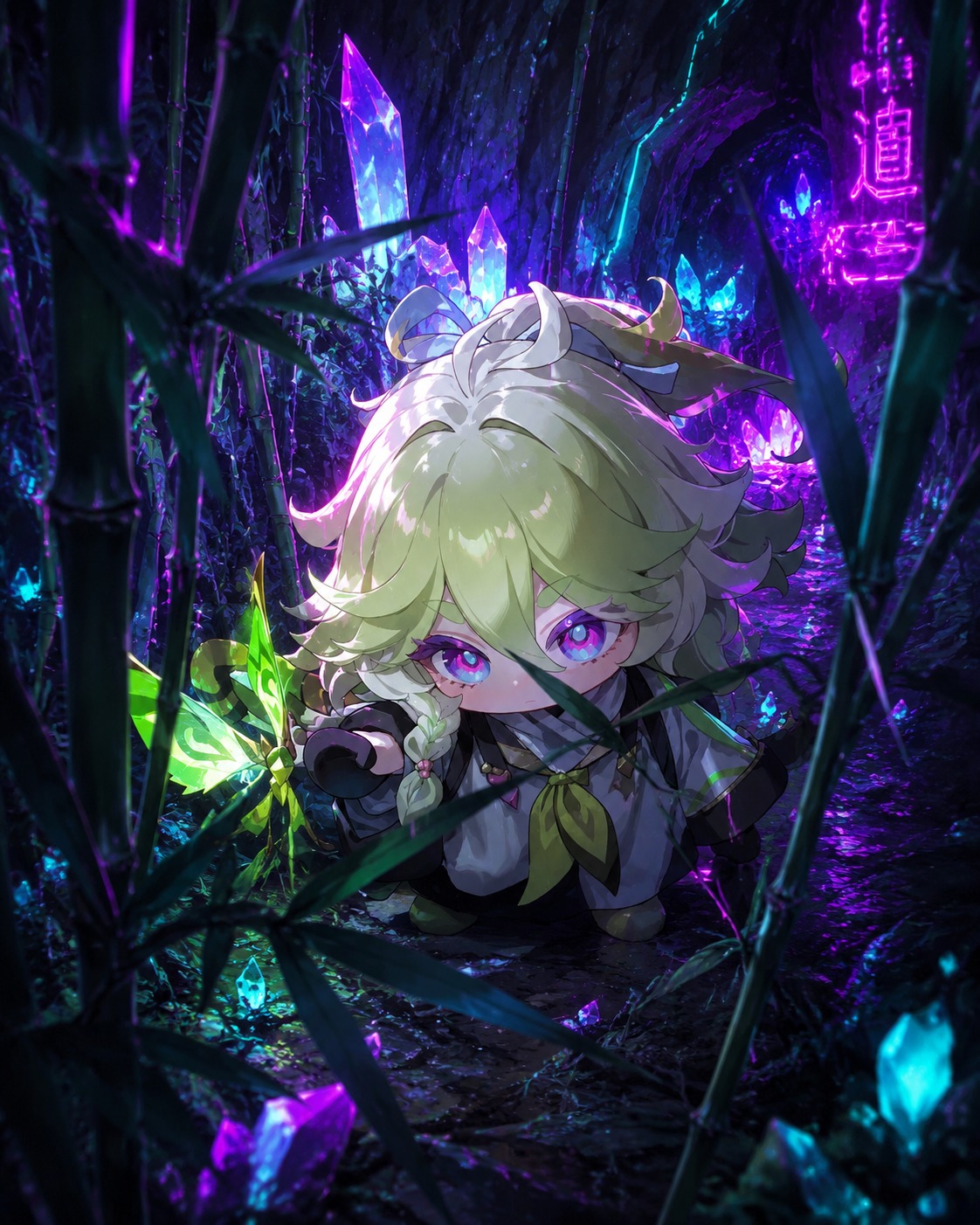 Weaving through a dense bamboo thicket In a dark cavern filled with glowing crystals (cyberpunk neon, high contrast)