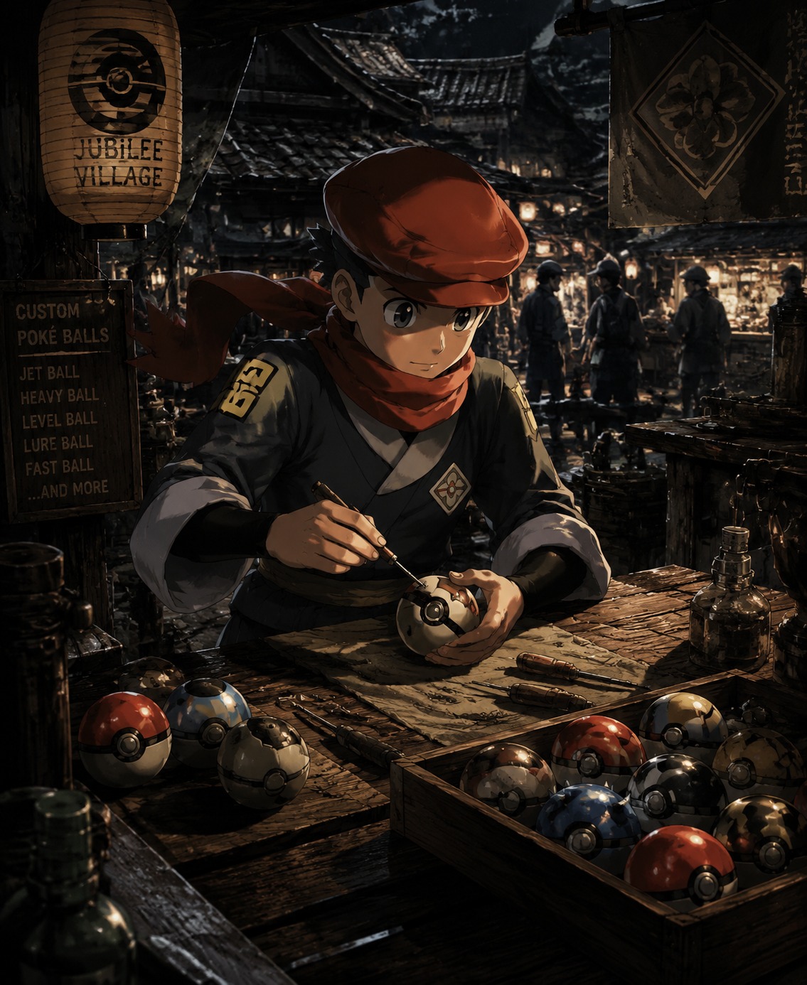 Crafting specialized poke balls at a wooden bench At a busy market stall in Jubilee Village (gritty cinematic noir, sharp shadows and high contrast)