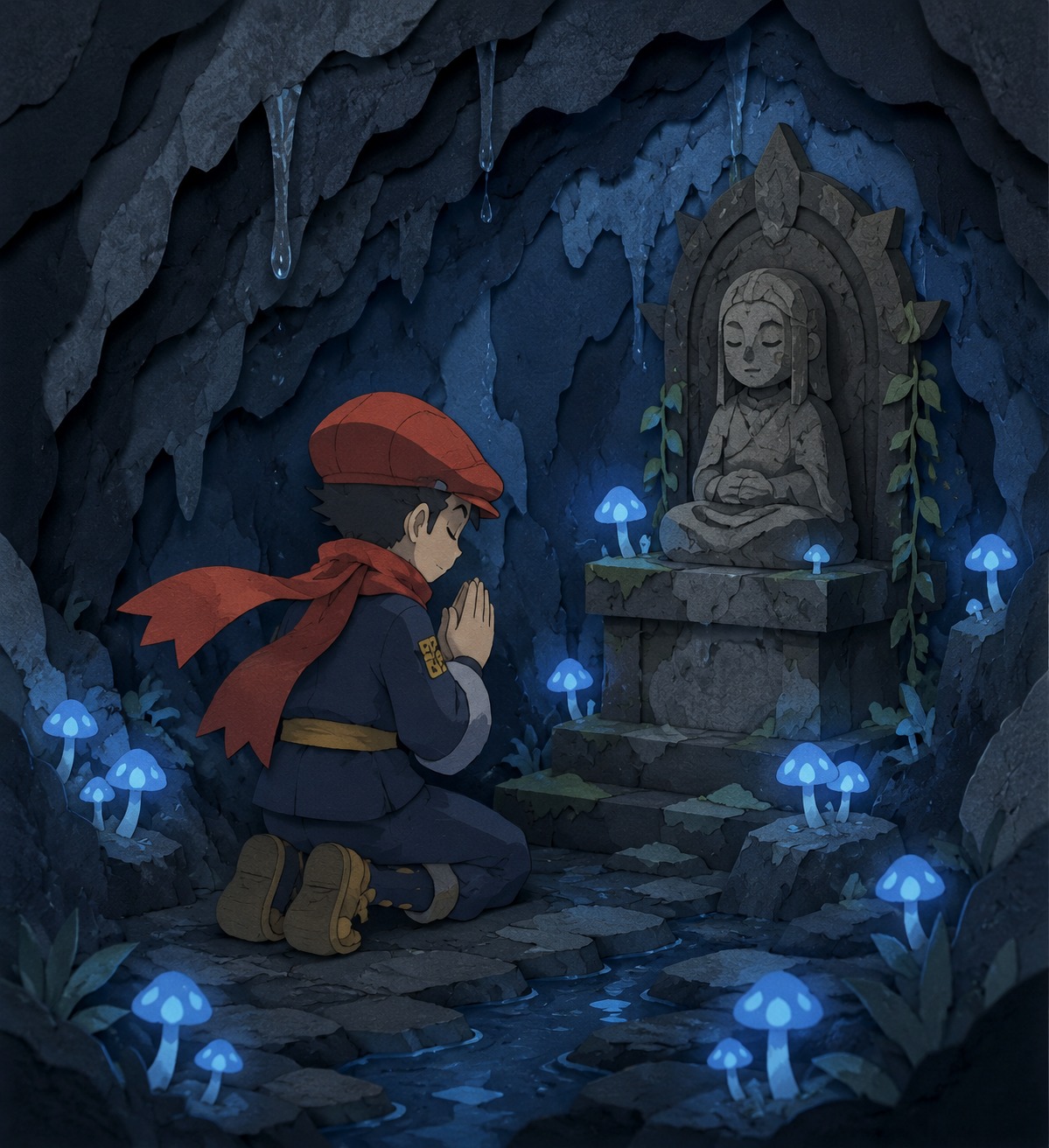 Offering a silent prayer at a remote stone statue In a damp cave filled with glowing blue mushrooms (minimalist paper cutout style, layered depth)