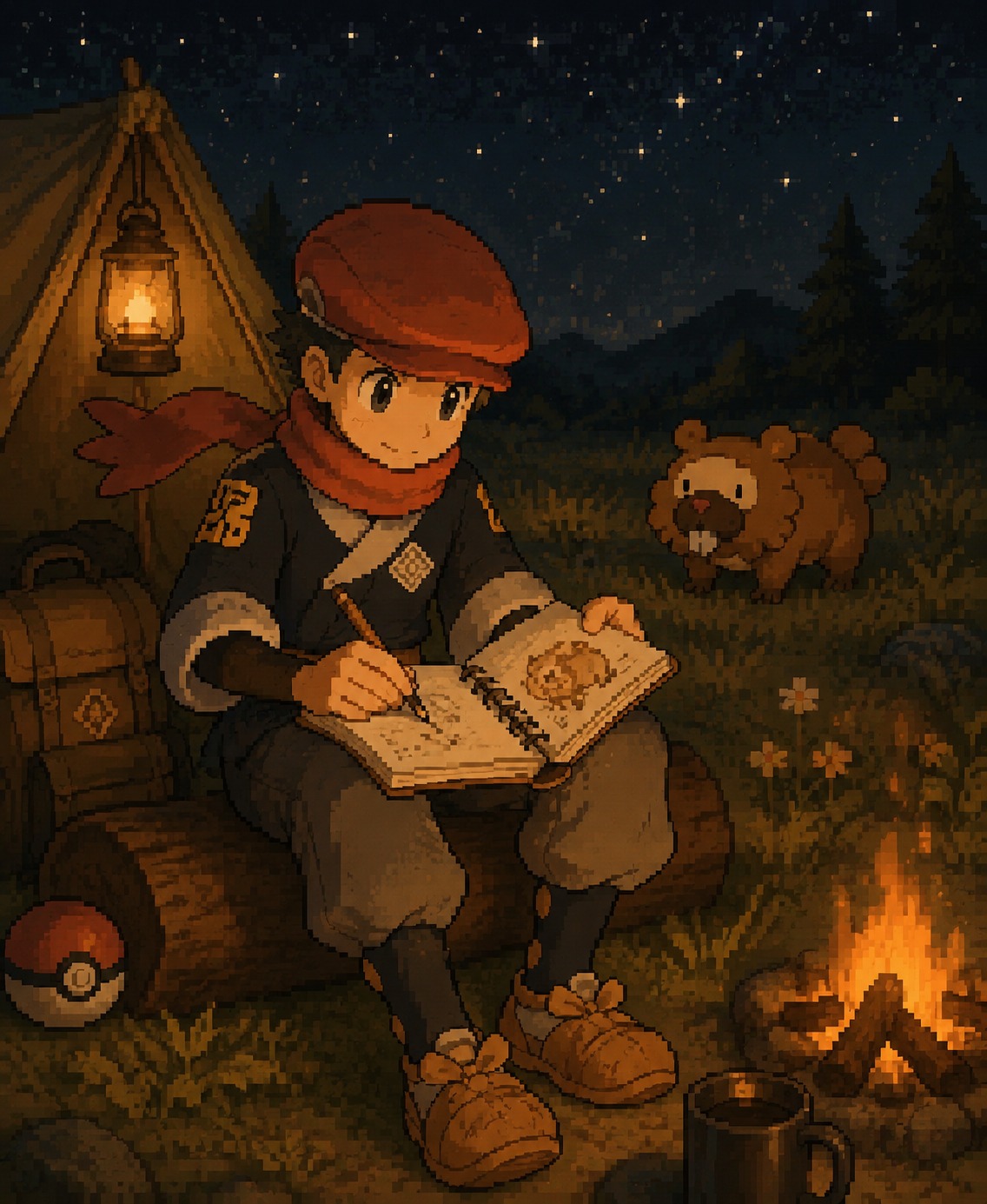 Sketching a wild bidoof in a field notebook In a quiet base camp under a starry sky (cozy lo-fi pixel art, warm amber tones)