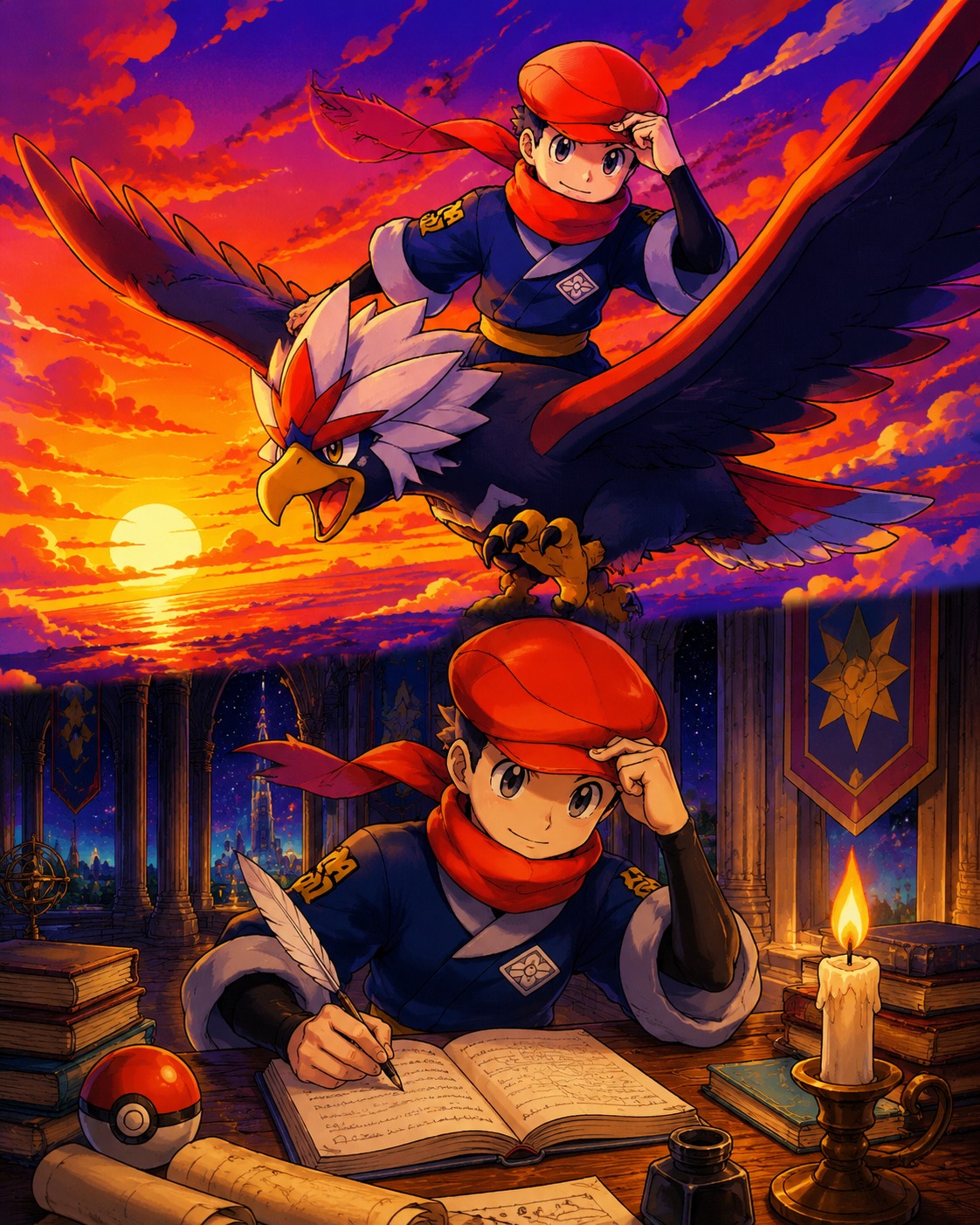 Soaring through a sunset sky on a braviary At a candlelit desk inside the Galaxy Hall (vibrant 90s retro anime style, saturated colors)