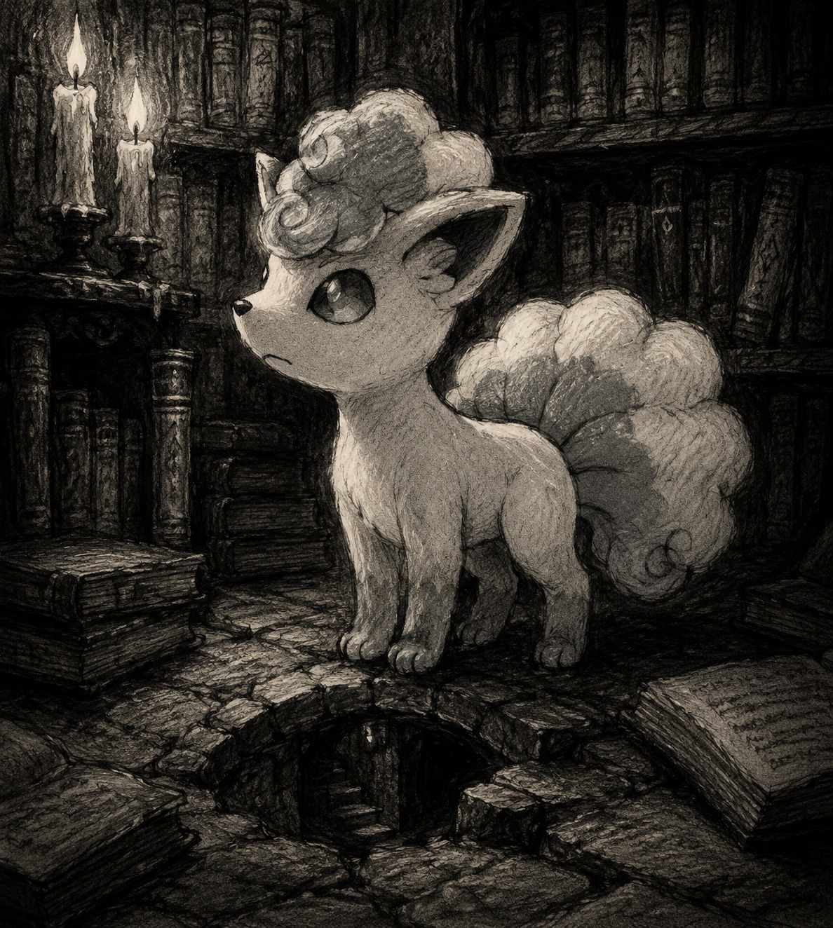 Guarding a hidden cavern entrance In a quiet library by candlelight (charcoal sketch, gritty textures)