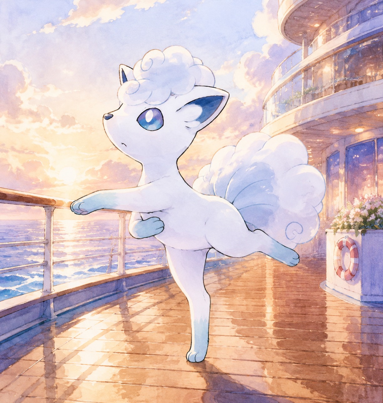 Practicing a delicate dance move On a moving luxury cruise ship (watercolor anime, soft lighting)