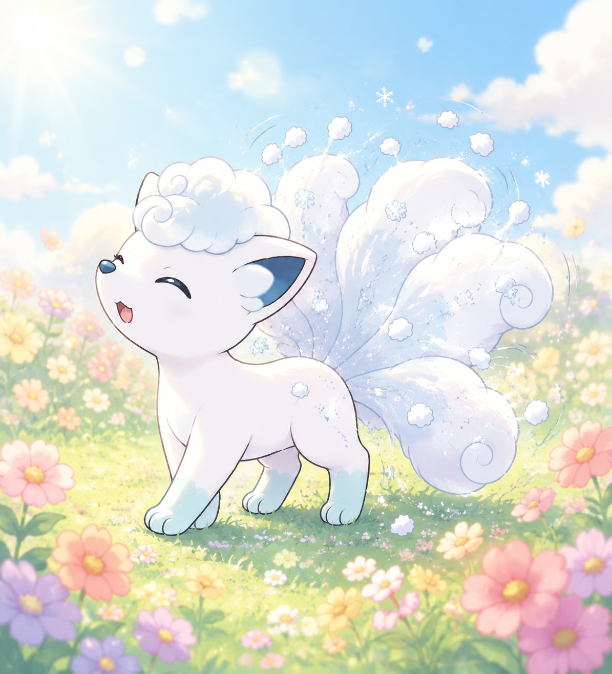 Shaking snow off its six tails On a sun-drenched floral meadow (chibi cute, pastel palette)