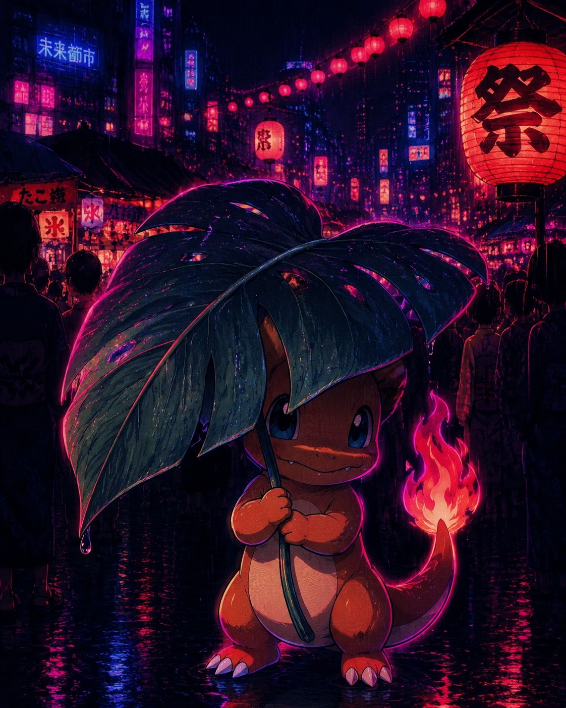 Hiding under a giant tropical leaf At a crowded city festival with lanterns (dark synthwave aesthetic with neon outlines)