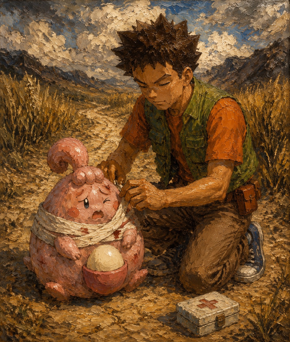 Carefully applying a bandage to a wounded happiny On a dusty road winding through tall grass (dramatic oil painting, heavy impasto strokes)