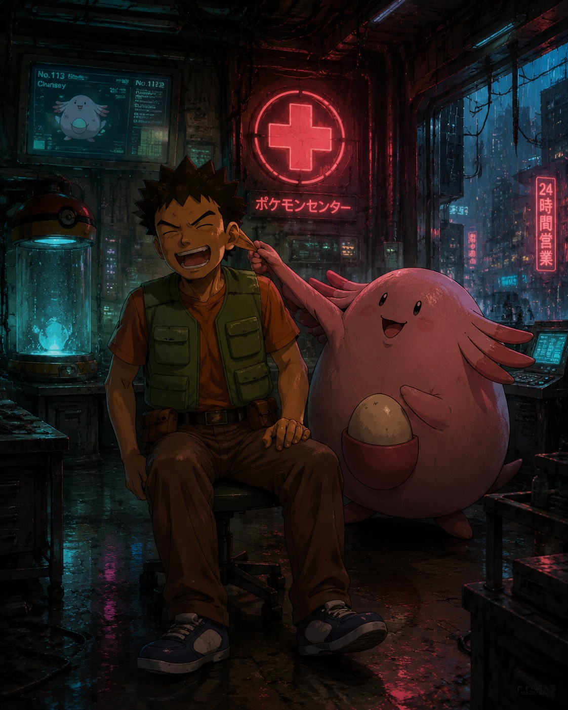 Laughing while a chansey pulls his ear In a dimly lit Pokémon Center laboratory (gritty cyberpunk aesthetic, neon glows and rain)