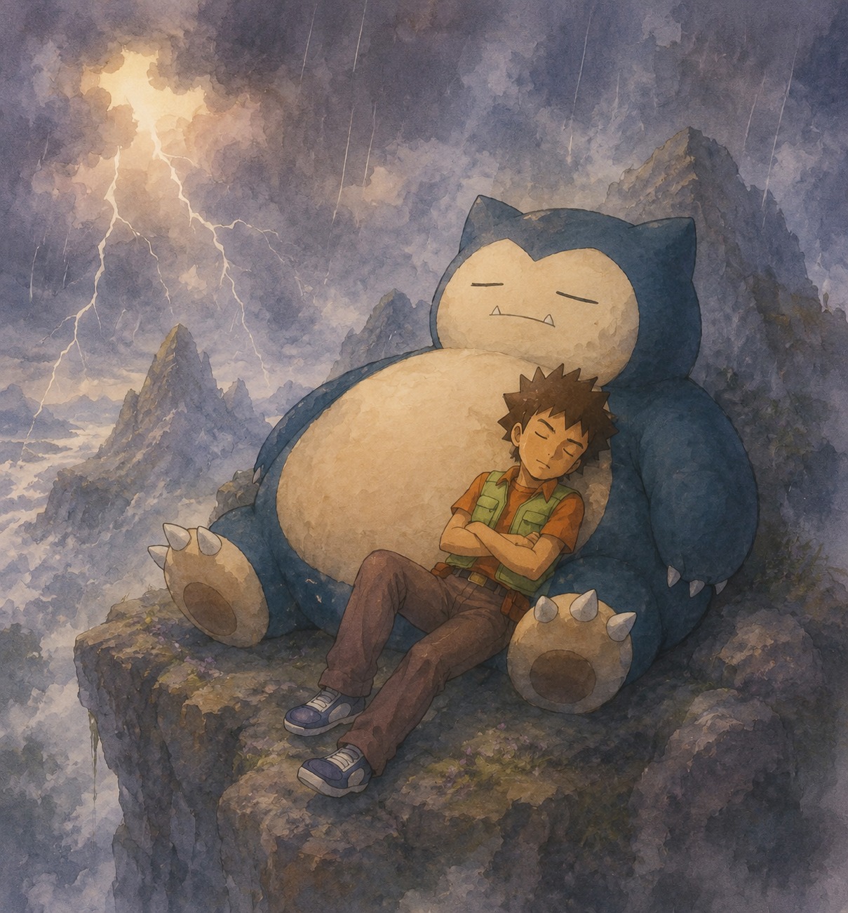 Napping soundly against a sleeping snorlax On a high mountain ledge during a thunderstorm (soft watercolor wash, hazy dreamlike lighting)