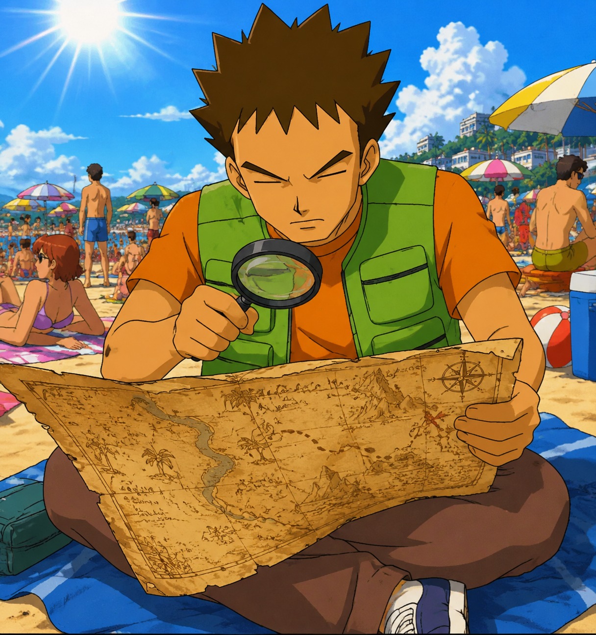 Studying an ancient map with a magnifying glass On a crowded beach under the midday sun (90s retro anime style, vibrant cel shading)