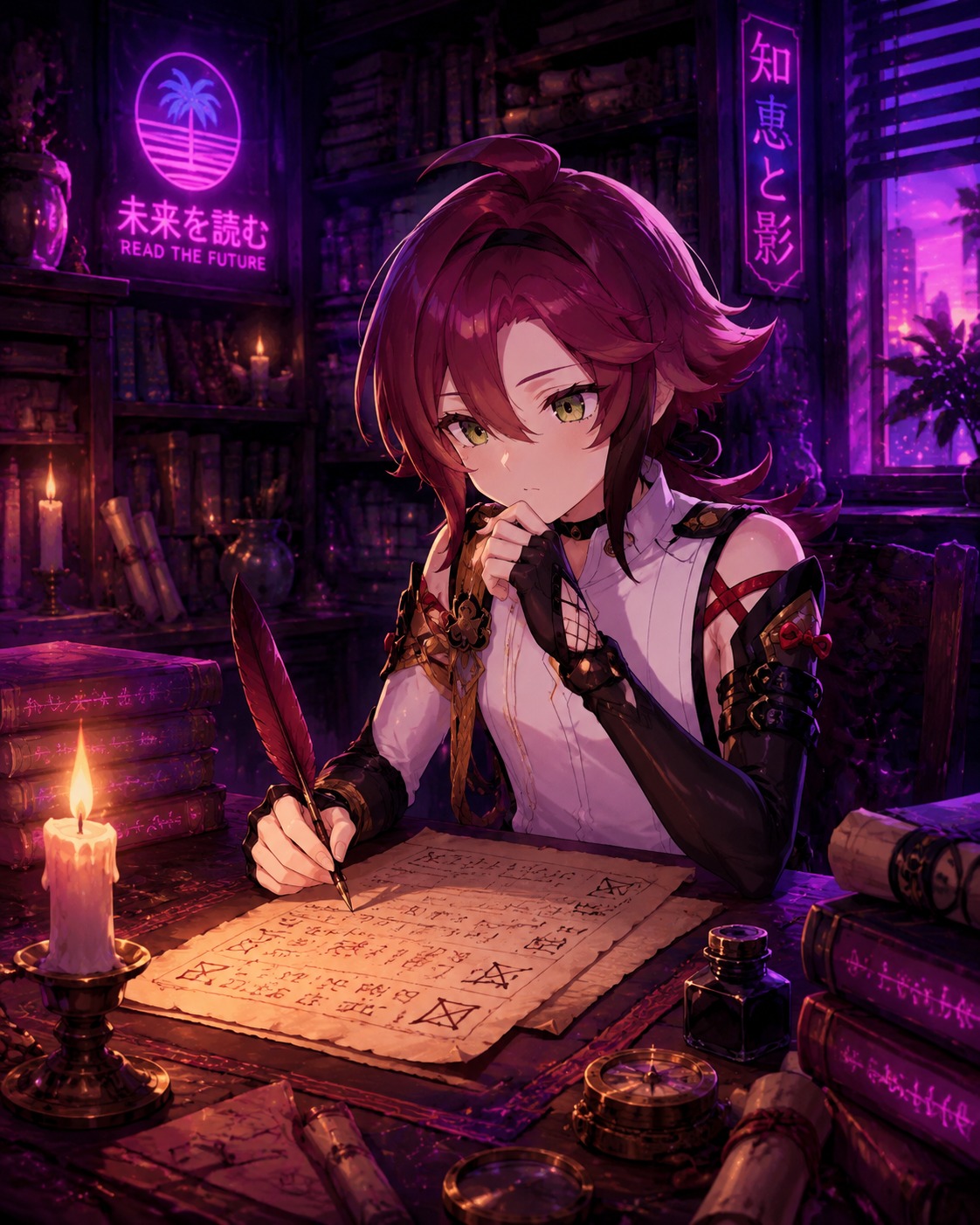 Deciphering a coded letter by candlelight In a quiet library filled with ancient scrolls (neon vaporwave aesthetic, pink and purple hues)