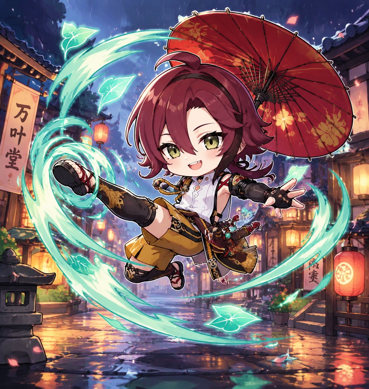Leaping through the air with an anemo kick On a rain-slicked street under a paper umbrella (chibi cute, bubbly lines and bright colors)