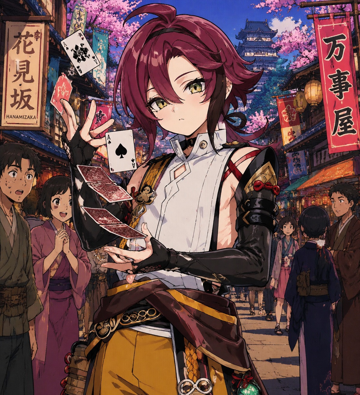Performing an intricate sleight-of-hand card trick In the bustling Hanamizaka marketplace (retro 90s cel-shaded anime style)