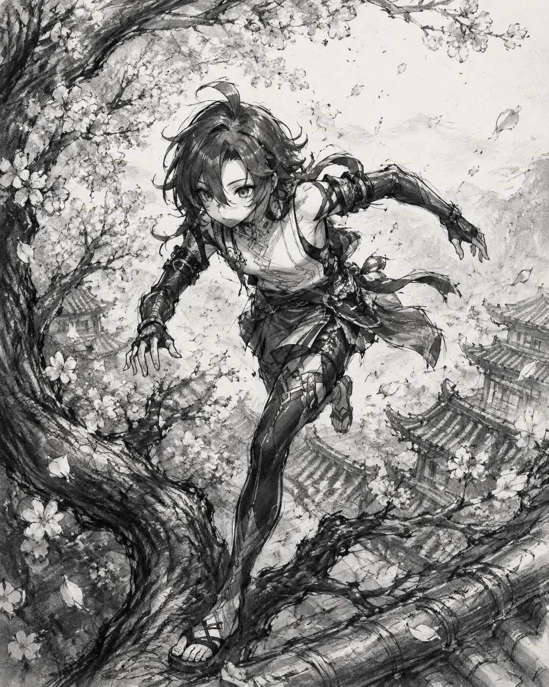 Sprinting across tiled rooftops On a high branch of a blooming Sakura tree (gritty charcoal sketch with messy line work)