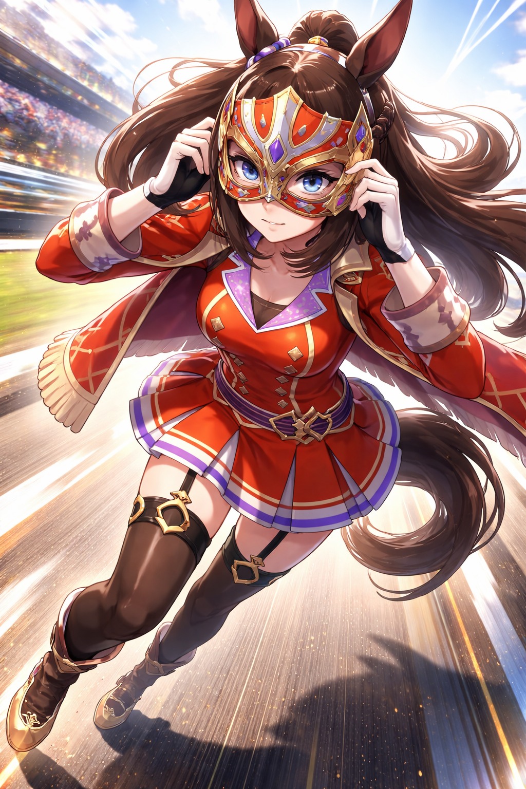 Adjusting her iconic luchadora mask carefully On a sun-drenched racetrack during a final sprint (futuristic digital art, sleek metallic finishes)