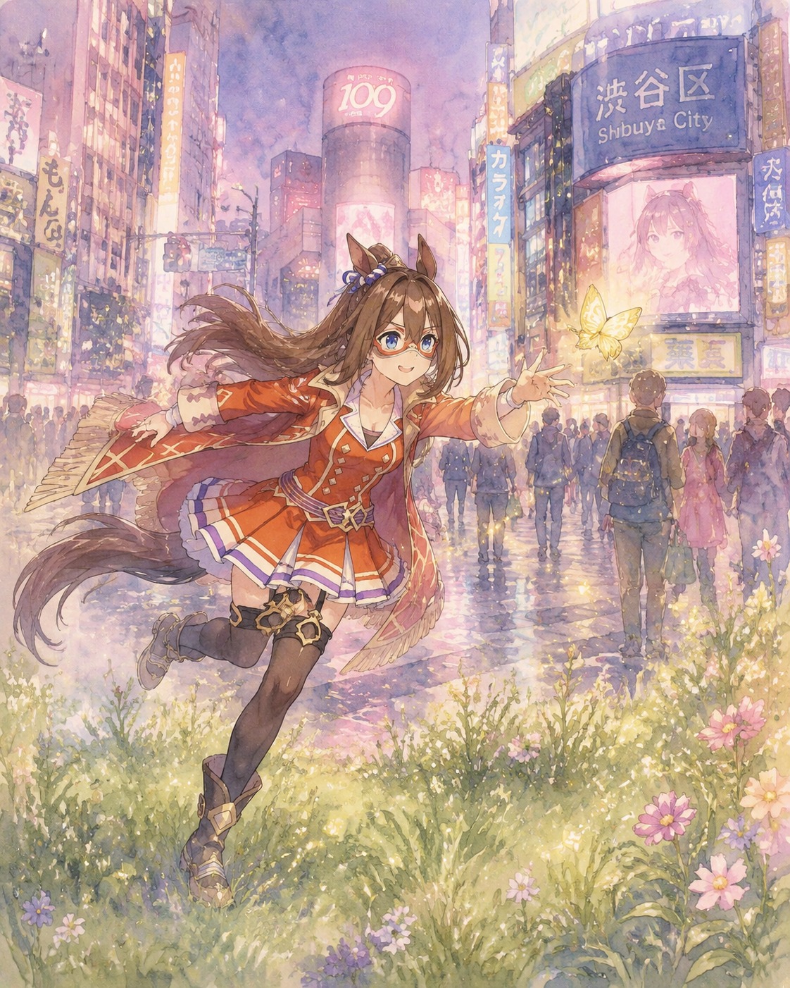 Chasing a golden butterfly through a grassy meadow On a busy neon-lit street corner in Tokyo (soft watercolor wash, dreamy pastel palette)