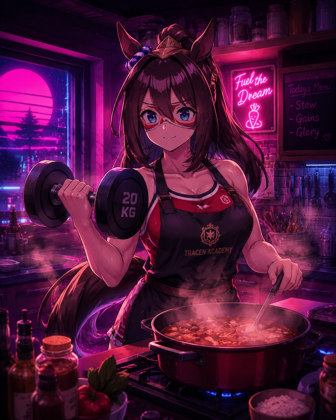 Lifting heavy iron weights in the academy gym In a cozy kitchen filled with savory steam (moody synthwave aesthetic, neon highlights)
