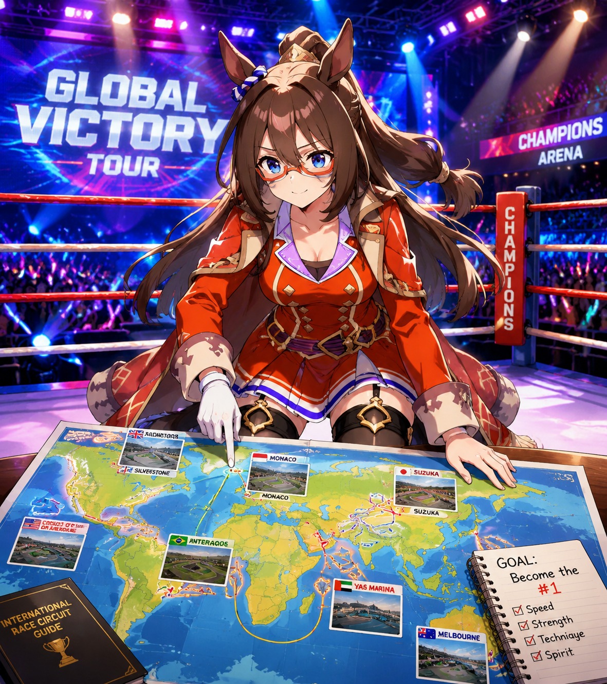 Studying a world map for international race circuits On a brightly lit professional wrestling ring stage (vibrant cel-shaded anime, high saturation)