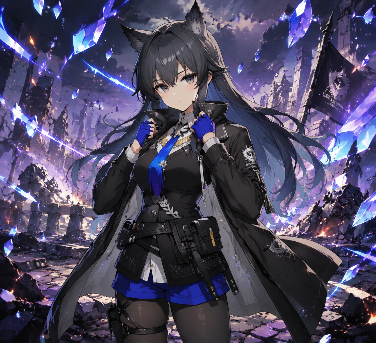 Adjusting the collar of her dark tactical coat At a chaotic battlefield filled with floating crystalline debris (vibrant cel-shaded 2D fighting game aesthetic)