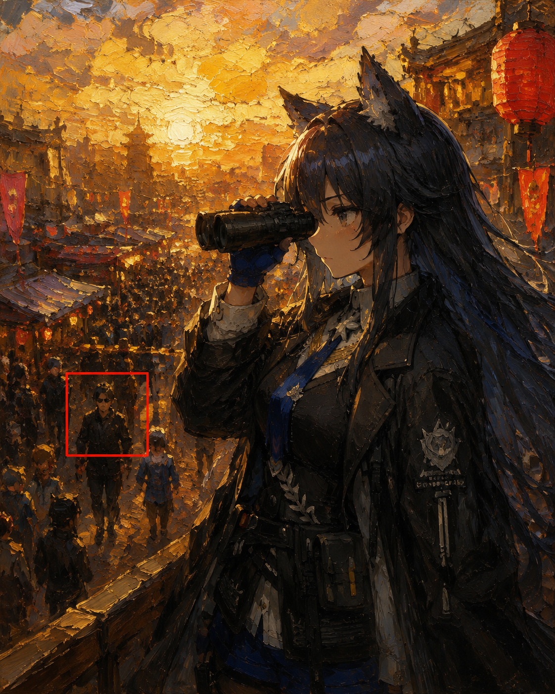 Checking a high-profile target through tactical binoculars At a bustling street festival during a golden sunset (gritty oil painting with heavy impasto strokes)