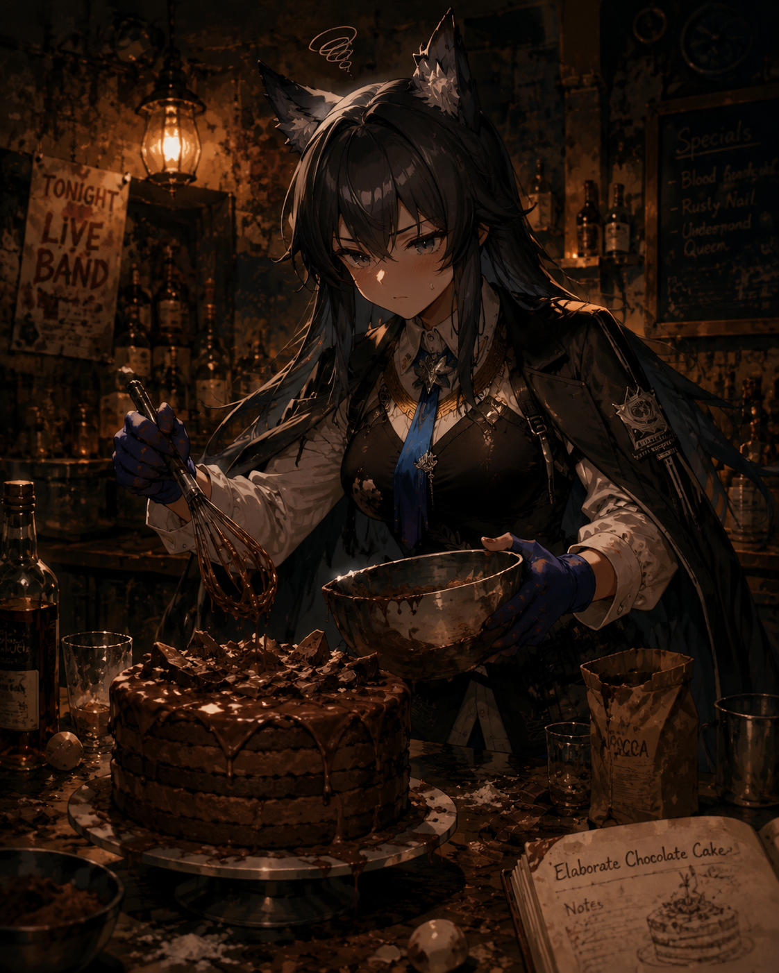 Clumsily attempting to bake a gourmet chocolate cake At a cluttered underground bar with dim amber lighting (cinematic noir with harsh dramatic shadows)