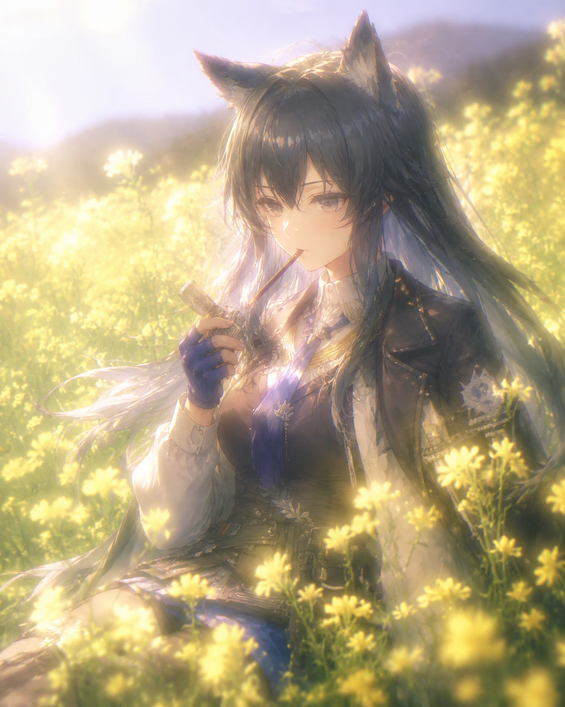 Lighting a chocolate biscuit stick like a cigarette In a sunny field of blooming yellow wildflowers (ethereal dreamcore with blurred glowing edges)