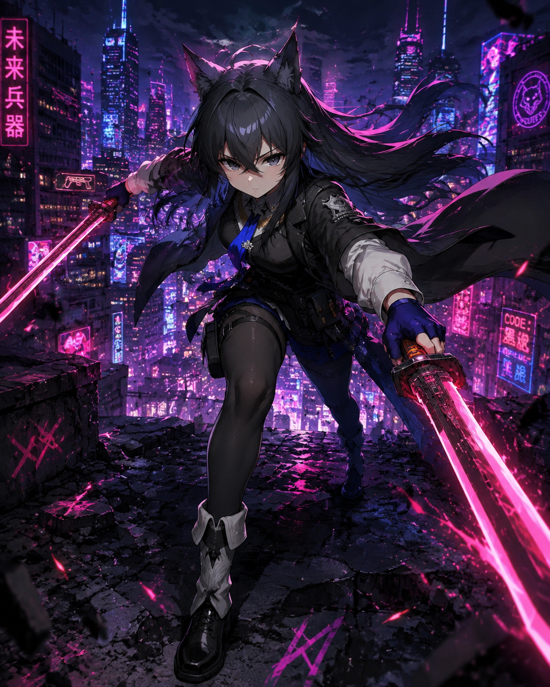 Lunging forward with a lethal dual sword strike On a crumbling rooftop overlooking a dystopian city (cyberpunk synthwave style with neon pink highlights)