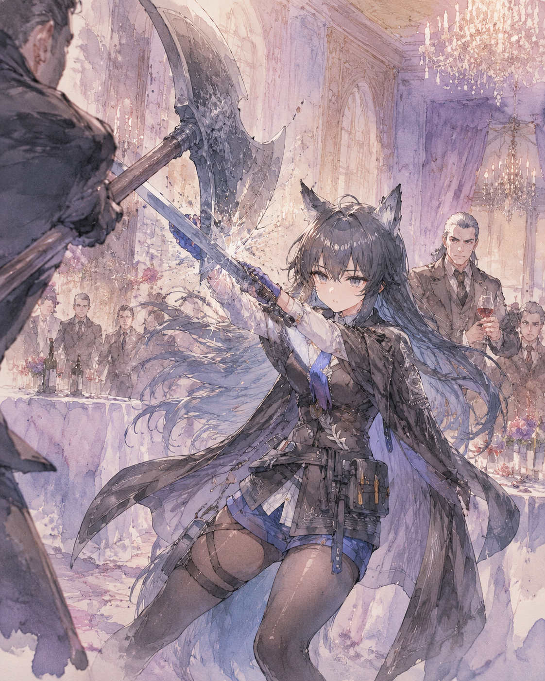 Parrying a heavy axe with her reinforced blade In a lavish ballroom during a tense mafia banquet (soft watercolor anime with delicate pastel washes)