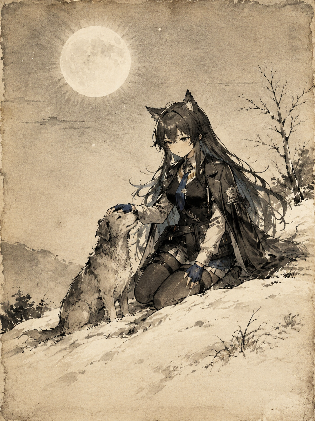 Petting a stray dog with a rare faint smile On a quiet snowy hill under a luminous full moon (minimalist ink wash sketch on aged parchment)