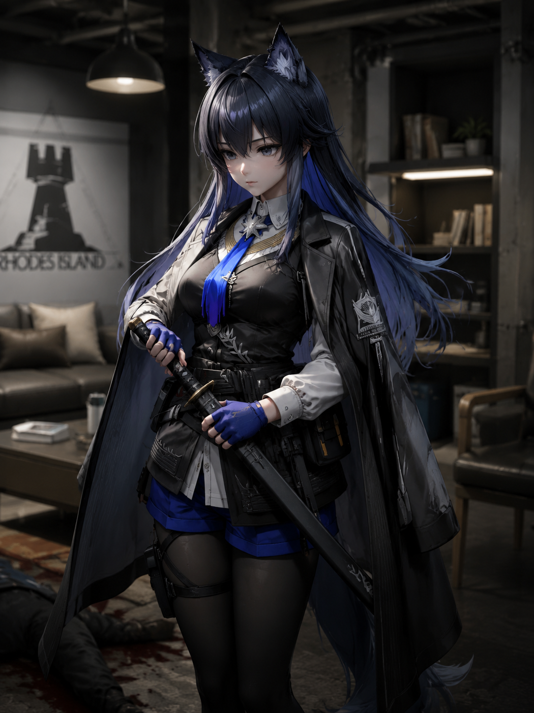 Sheathing her longsword after a silent execution In a cozy Rhodes Island dormitory lounge (high-detail 3D render with realistic metallic textures)