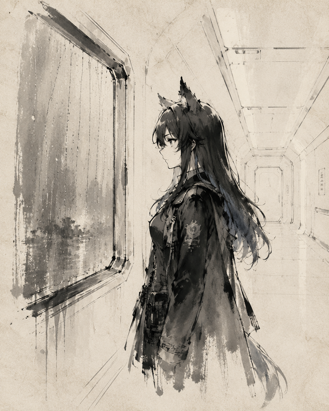 Staring intently at rain dripping down a windowpane In a pristine white corridor of a high-tech facility (minimalist ink wash sketch on aged parchment)