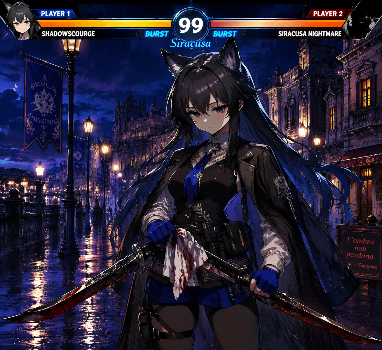 Wiping blood from her twin shadow blades On a rain-slicked street in Siracusa at midnight (vibrant cel-shaded 2D fighting game aesthetic)