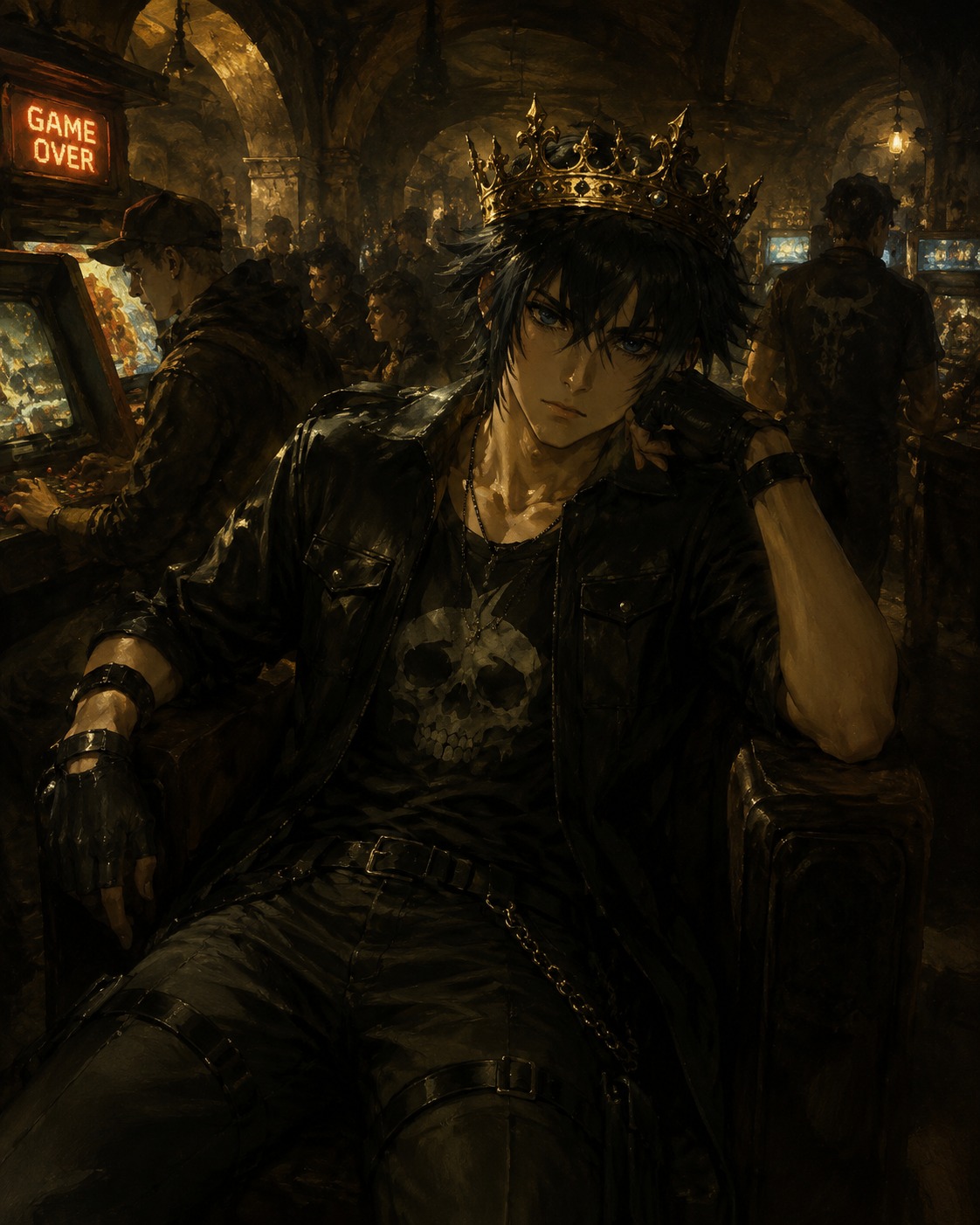Brooding under a heavy gold crown In a bustling underground arcade (classic oil painting, Renaissance chiaroscuro)