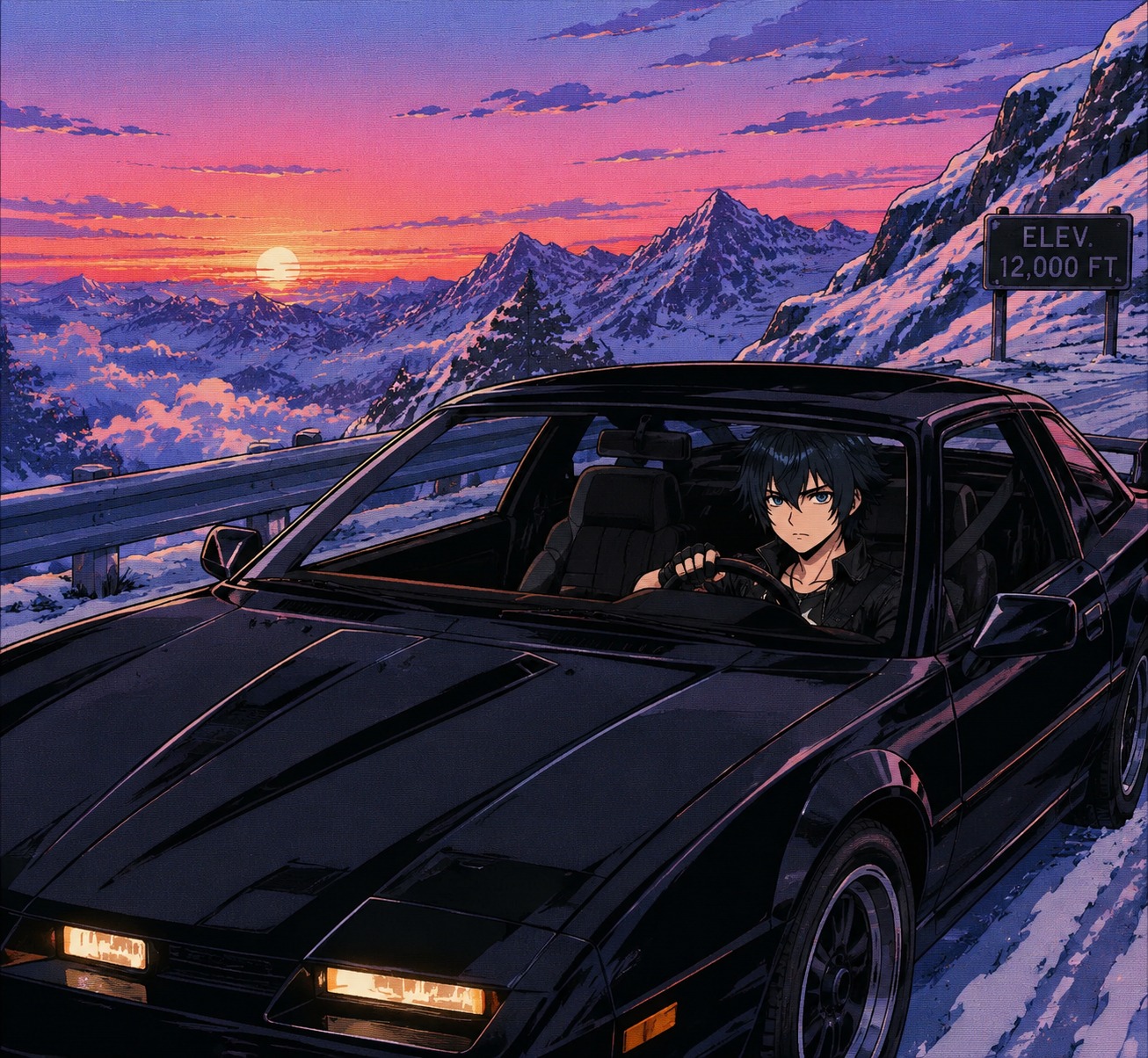 Driving a sleek black luxury car On a snowy mountain peak at dawn (90s retro cel-shaded aesthetic)