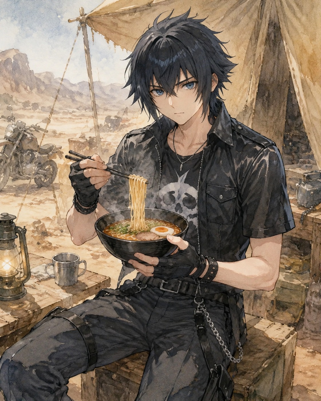 Eating a steaming bowl of ramen At a dusty desert camp site (watercolor anime, soft lighting)