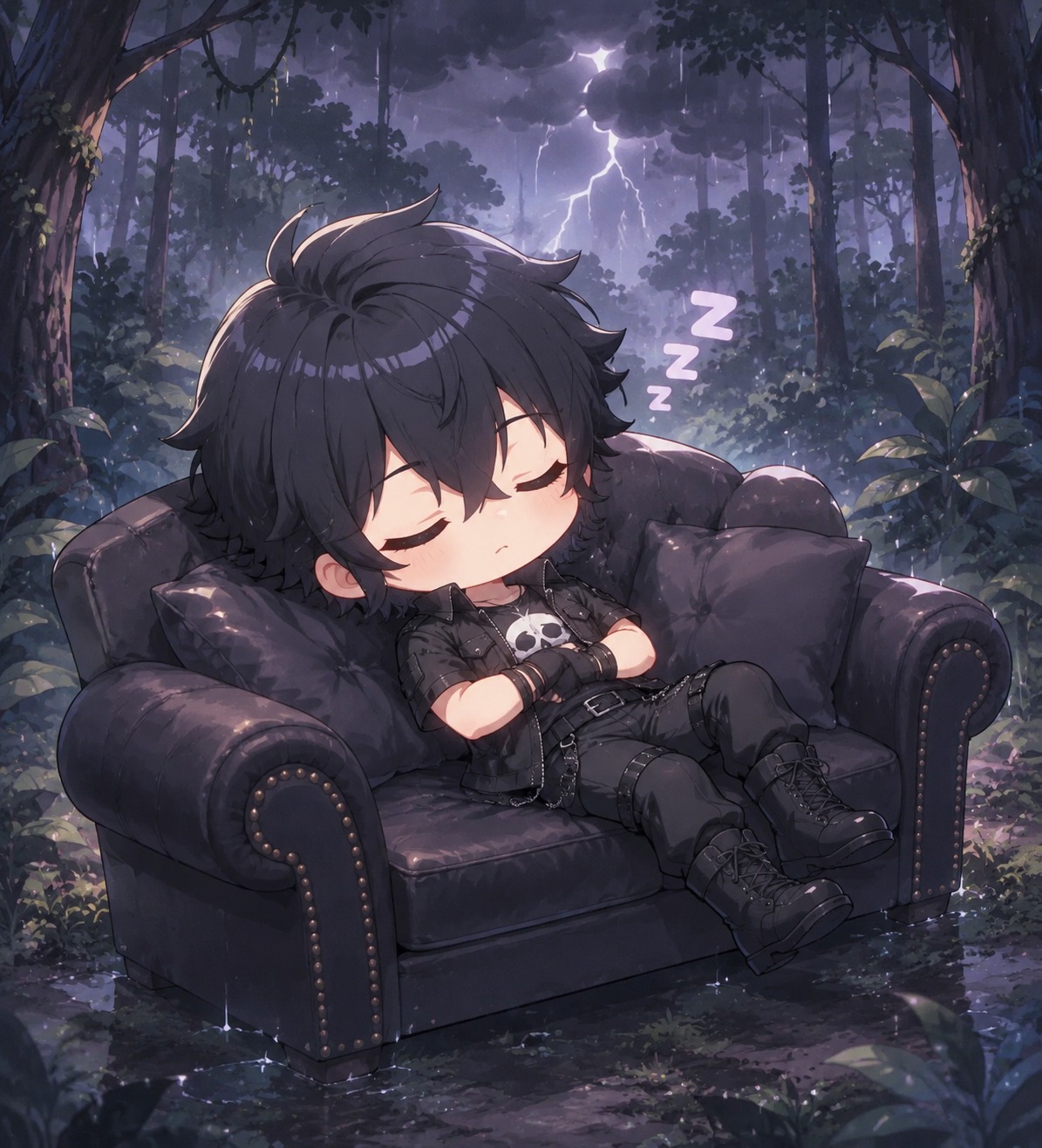 Napping on a plush leather sofa In a dense forest during a thunderstorm (chibi cute, pastel colors)