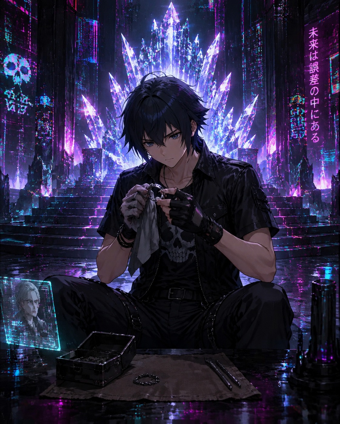 Polishing his father's silver ring At a glowing crystal throne room (gritty cyberpunk, neon glitch effect)