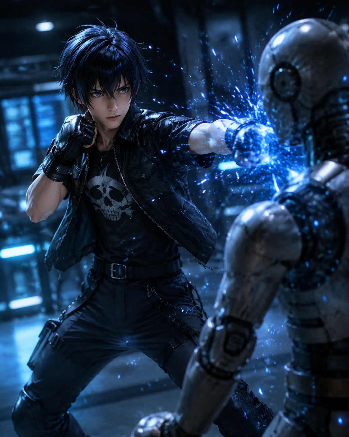 Sparring against a training dummy In a futuristic laboratory with blue sparks (cinematic photorealism, heavy bokeh)