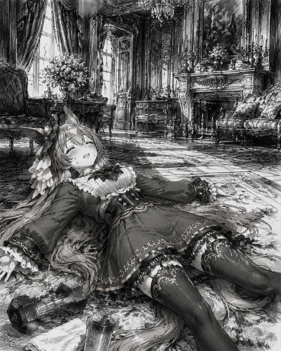 Collapsing onto the grass after a workout In a lavishly decorated Victorian drawing room (intricate charcoal sketch, high contrast)