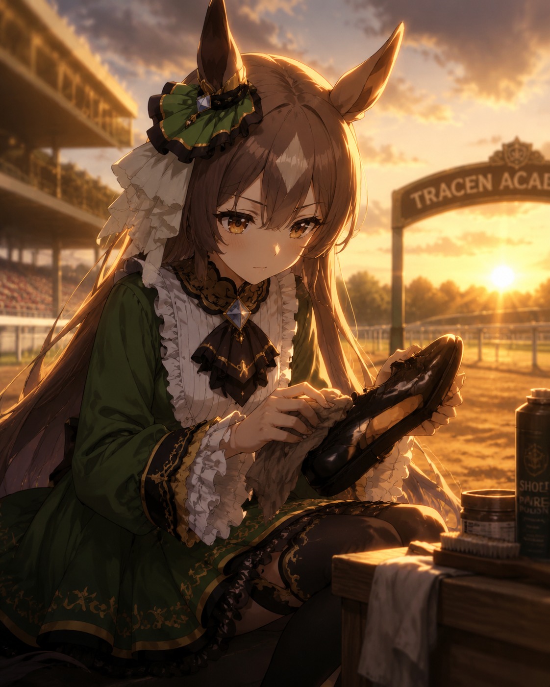 Polishing her racing shoes with intense focus At the Tracen Academy training track (cinematic digital painting, dramatic sunset rim lighting)