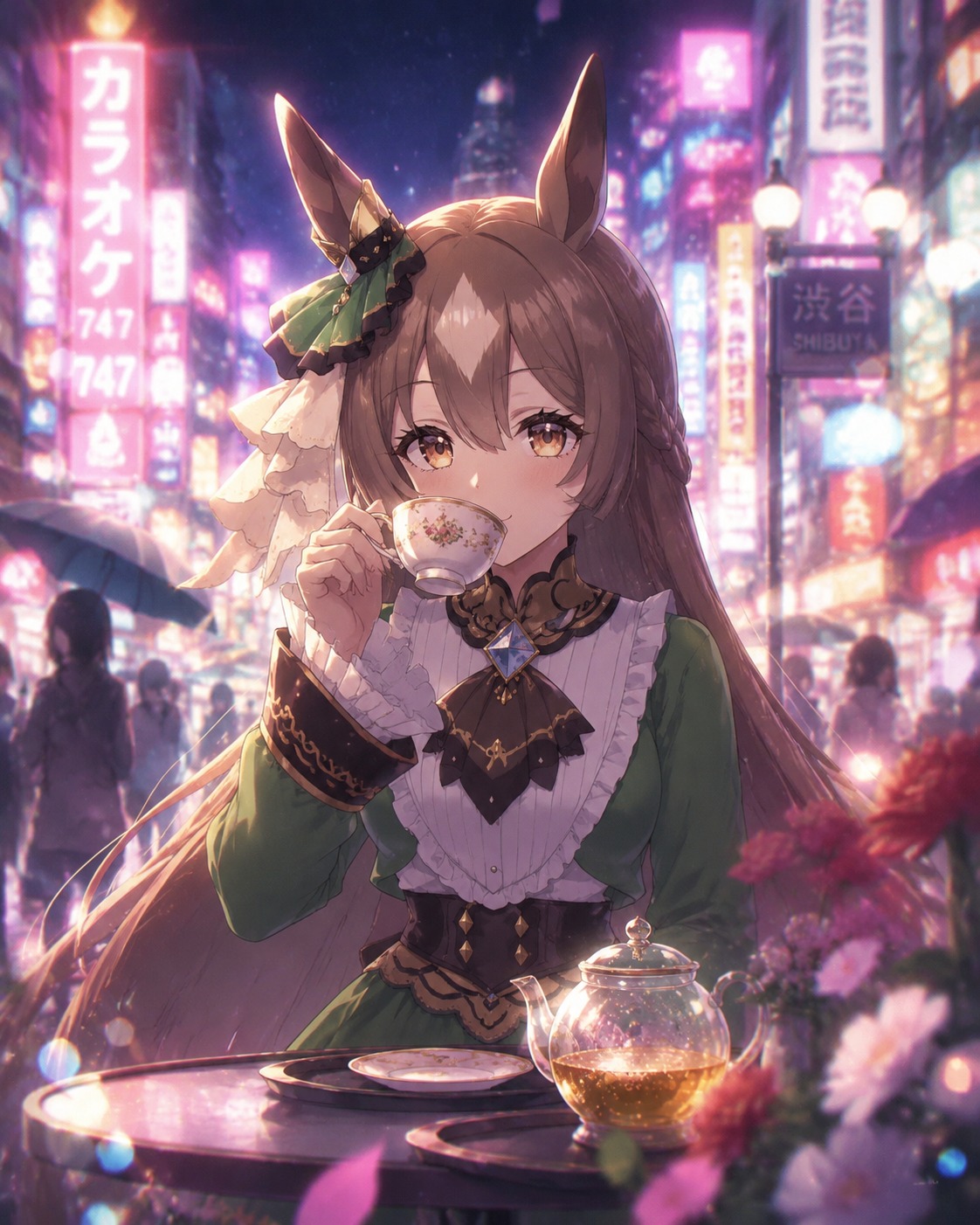 Sipping expensive herbal tea On a bustling neon-lit Tokyo street (dreamy ethereal glow, soft focus bokeh)
