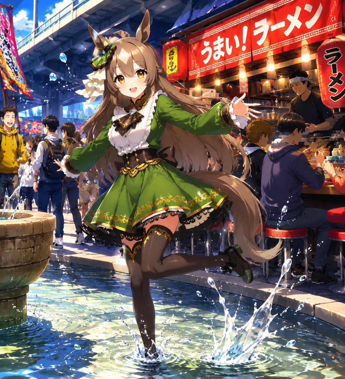 Splashing playfully in a shallow fountain At a crowded ramen stall under a bridge (vibrant cel-shaded pop art, high saturation)
