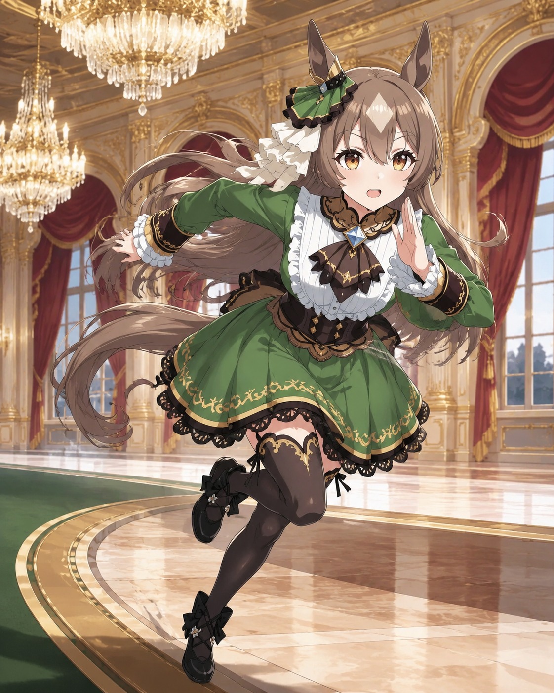 Sprinting through the final corner In an opulent ballroom under crystal chandeliers (sharp vector illustration, clean flat colors)