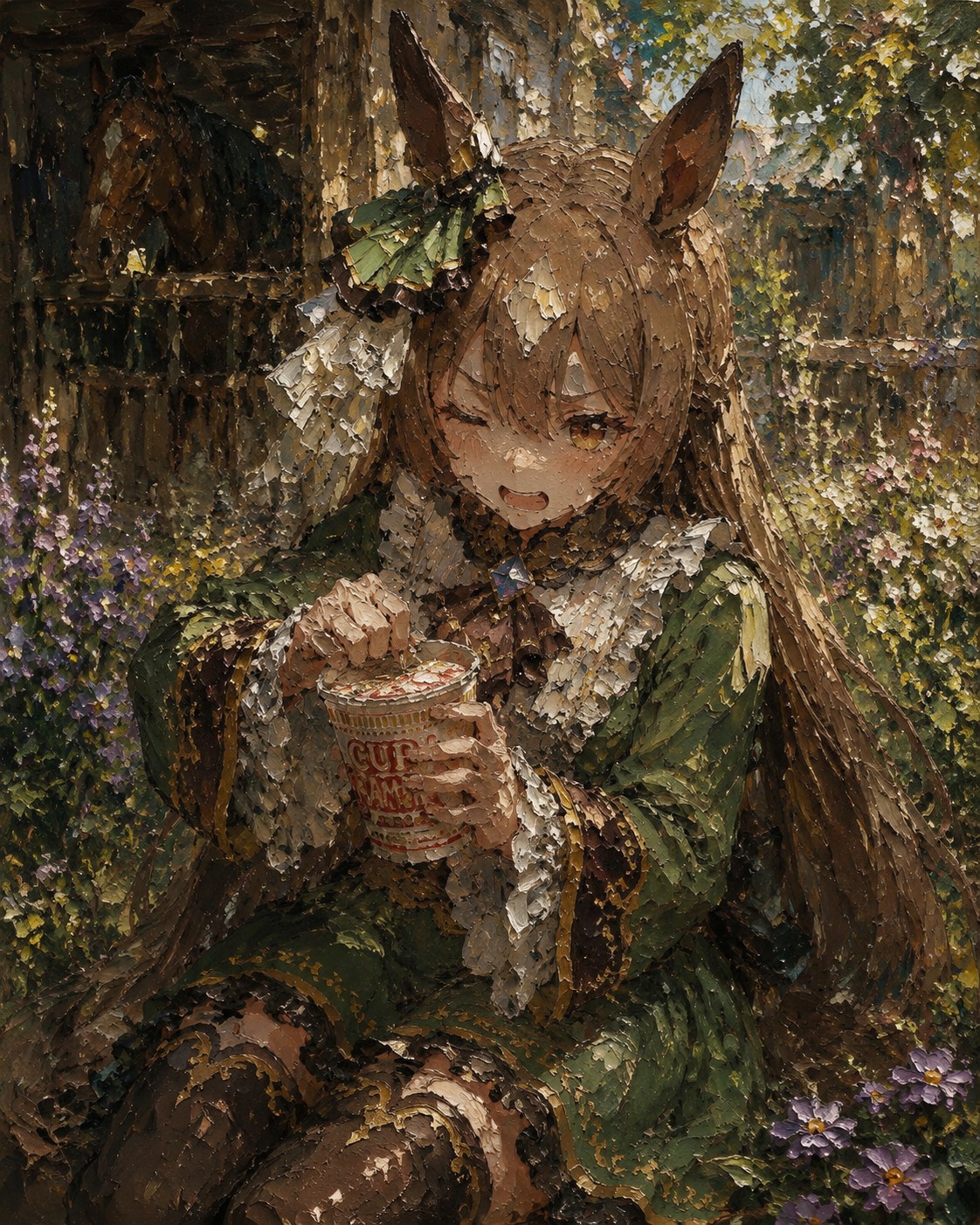 Struggling to open a cheap cup ramen In a secret flower garden behind the stables (heavy oil painting, thick impasto strokes)