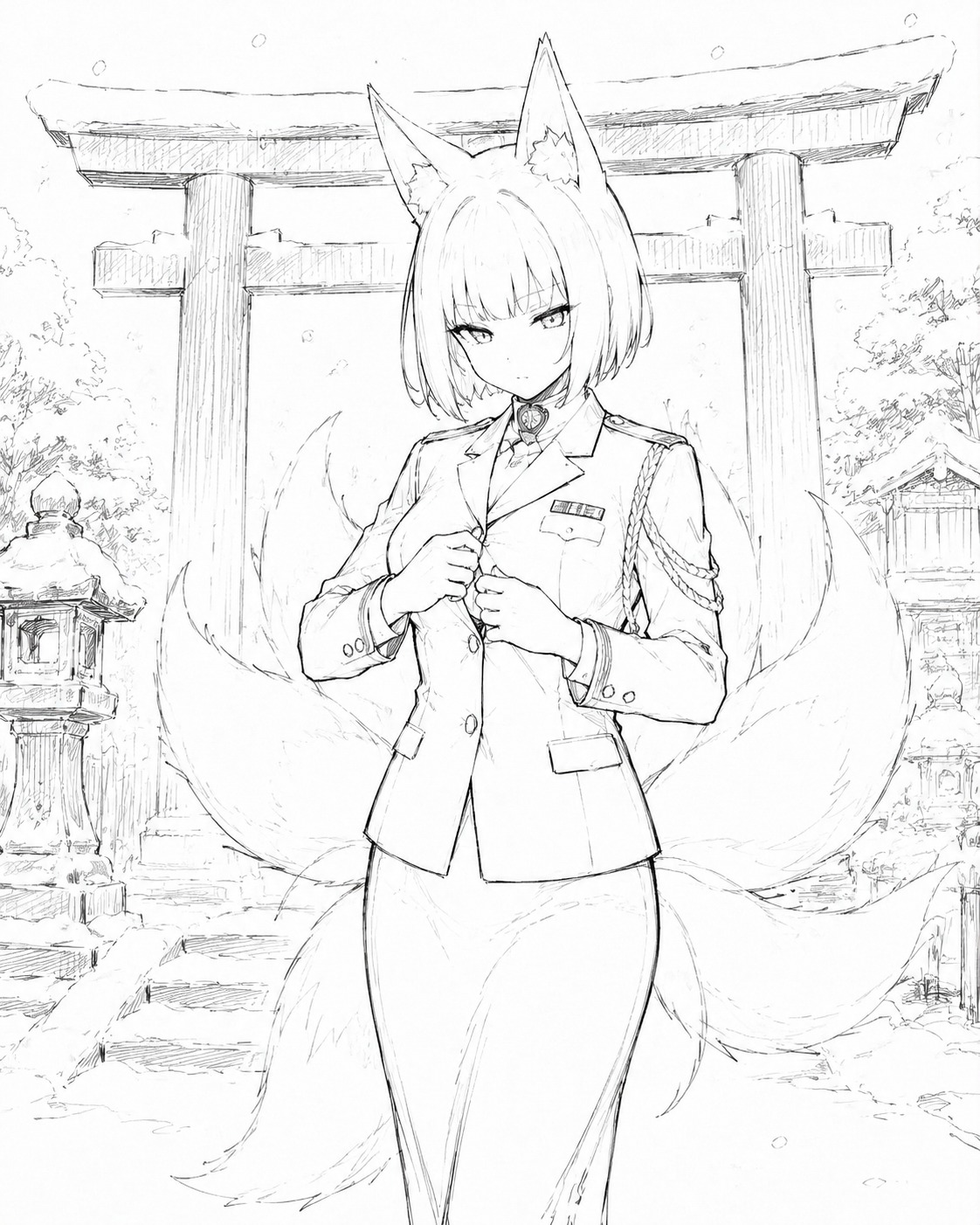 Buttoning her white dress uniform At a snowy shrine entrance (rough ink sketch, minimalist style)