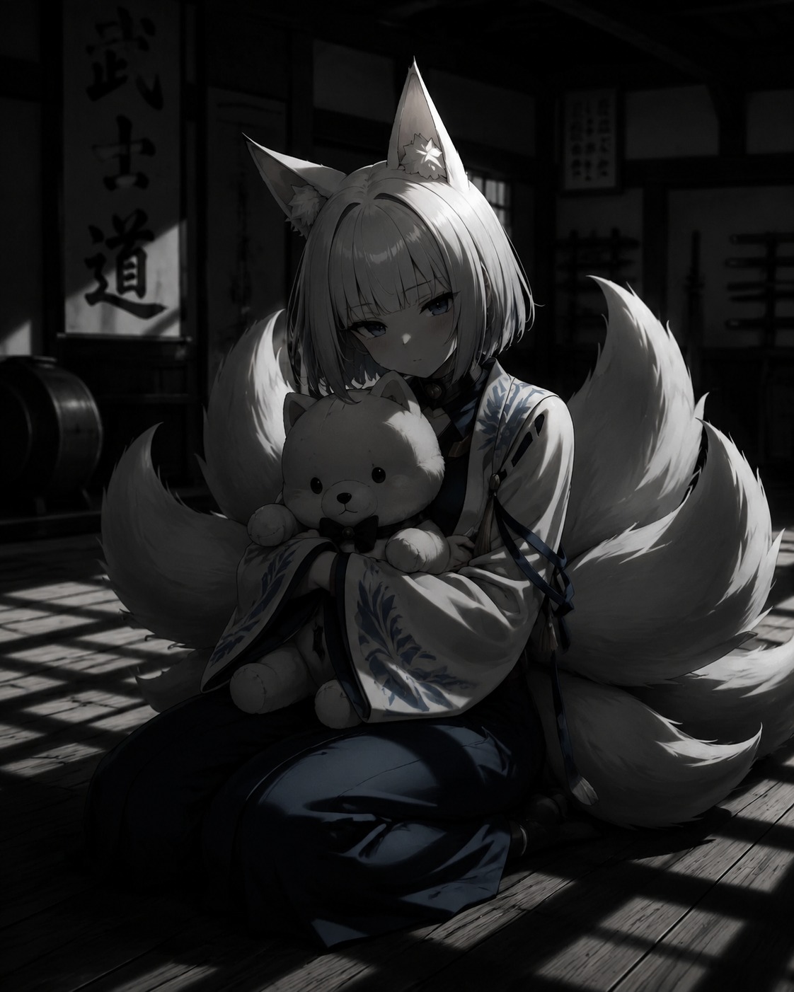 Hugging a soft stuffed animal At a traditional training dojo (dark noir, high contrast shadows)