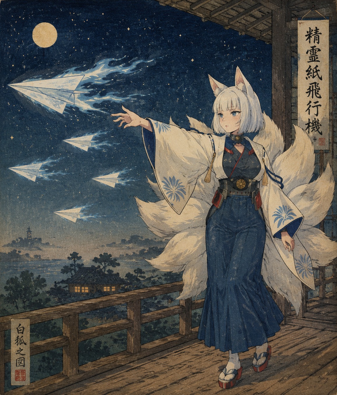 Launching spirit-fire planes On a quiet balcony under starlight (ukiyo-e woodblock style, textured paper)