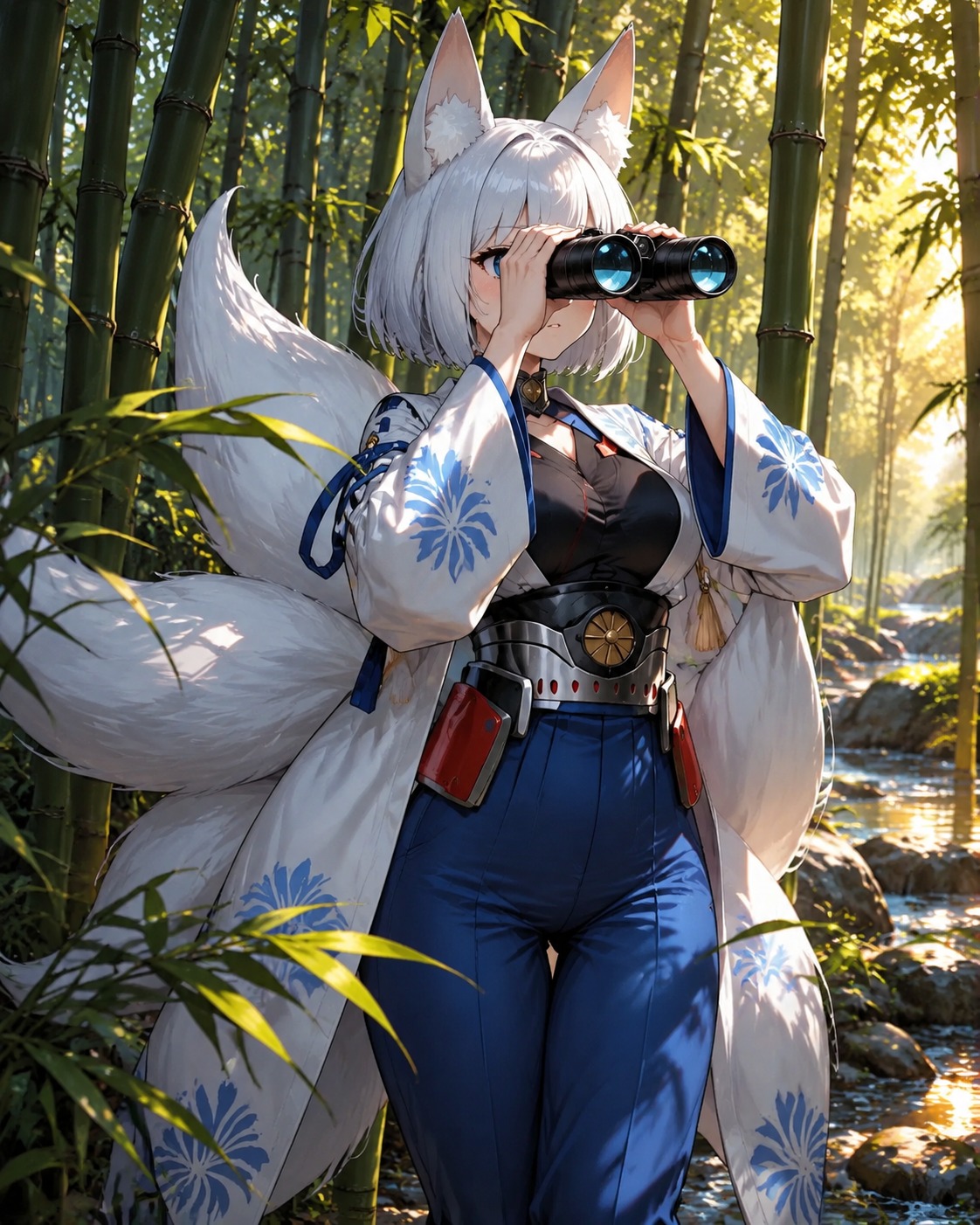 Observing the horizon through binoculars In a dense bamboo forest (hyper-detailed digital, polished metallic finish)