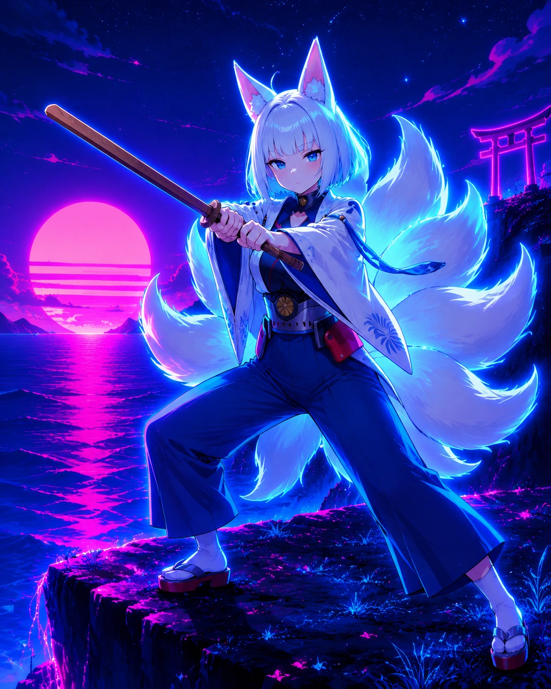 Training with a wooden practice sword On a cliff overlooking the ocean (neon synthwave, vibrant blue glow)